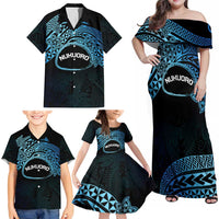 Personalised Pohnpei Nukuoro Micronesia Family Matching Off Shoulder Maxi Dress and Hawaiian Shirt Polynesian Tattoo Curves Blue Version LT14 - Polynesian Pride
