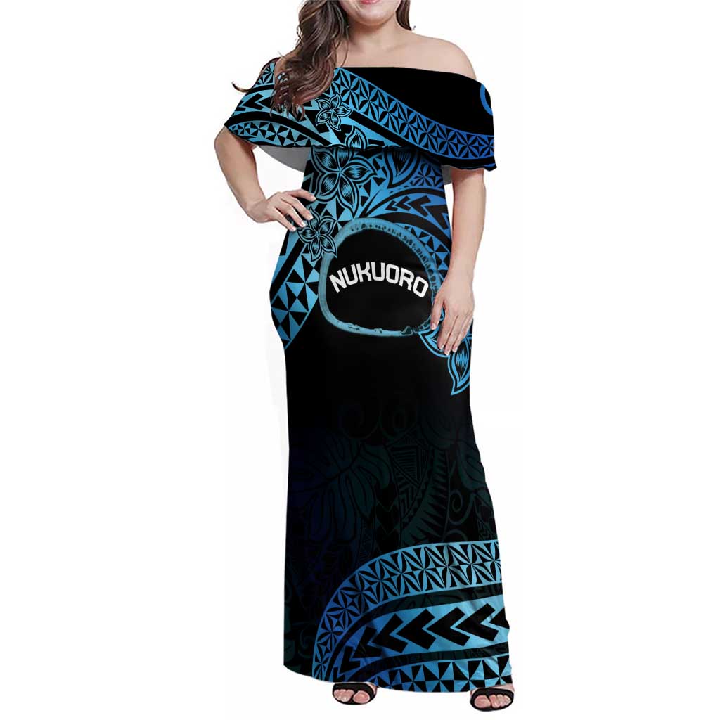 Personalised Pohnpei Nukuoro Micronesia Family Matching Off Shoulder Maxi Dress and Hawaiian Shirt Polynesian Tattoo Curves Blue Version LT14 Mom's Dress Blue - Polynesian Pride