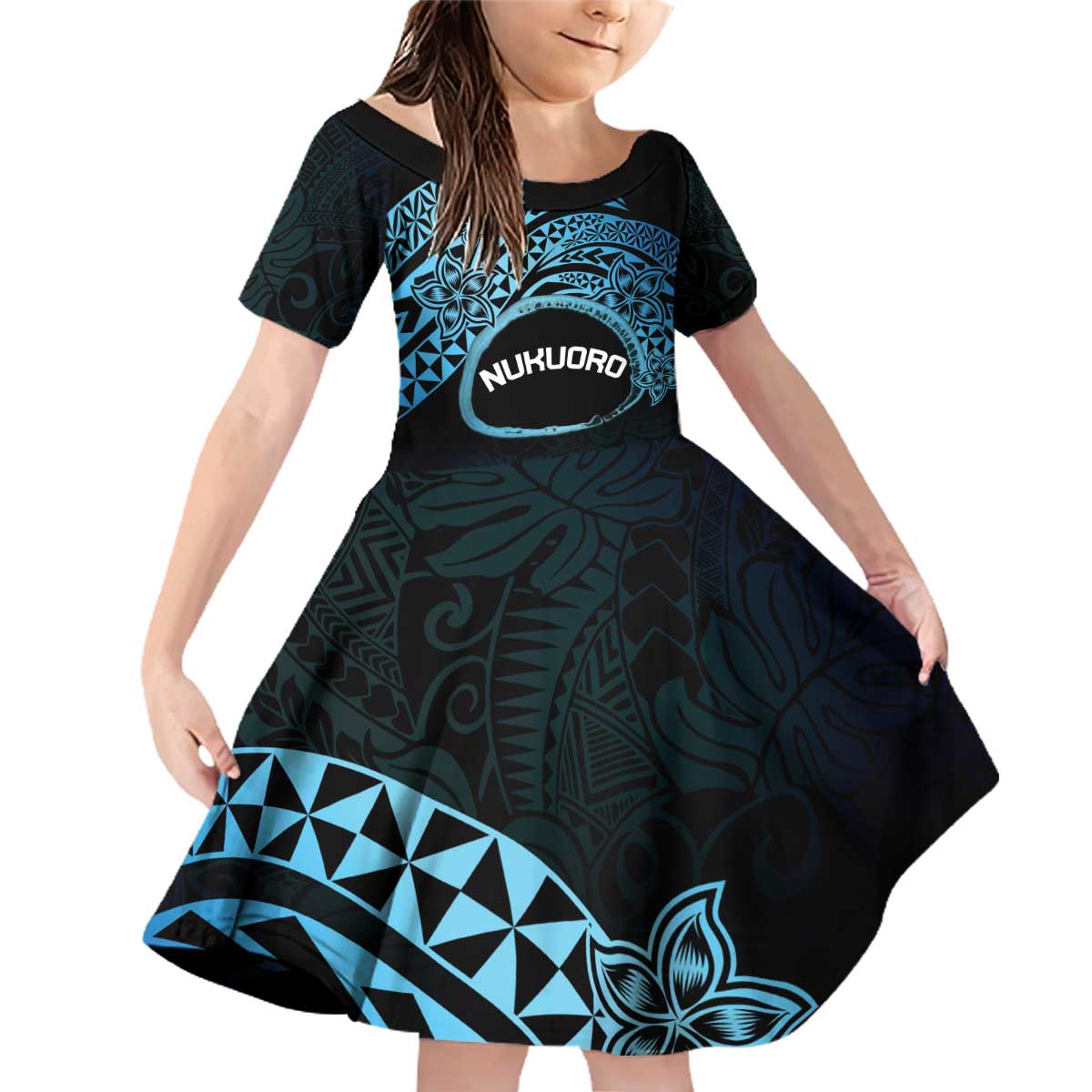 Personalised Pohnpei Nukuoro Micronesia Family Matching Off Shoulder Short Dress and Hawaiian Shirt Polynesian Tattoo Curves Blue Version LT14 Daughter's Dress Blue - Polynesian Pride