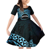 Personalised Pohnpei Nukuoro Micronesia Family Matching Off Shoulder Short Dress and Hawaiian Shirt Polynesian Tattoo Curves Blue Version LT14 Daughter's Dress Blue - Polynesian Pride