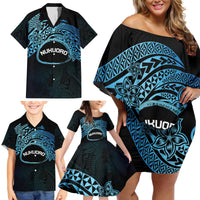 Personalised Pohnpei Nukuoro Micronesia Family Matching Off Shoulder Short Dress and Hawaiian Shirt Polynesian Tattoo Curves Blue Version LT14 - Polynesian Pride