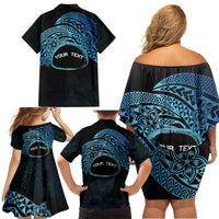 Personalised Pohnpei Nukuoro Micronesia Family Matching Off Shoulder Short Dress and Hawaiian Shirt Polynesian Tattoo Curves Blue Version LT14 - Polynesian Pride