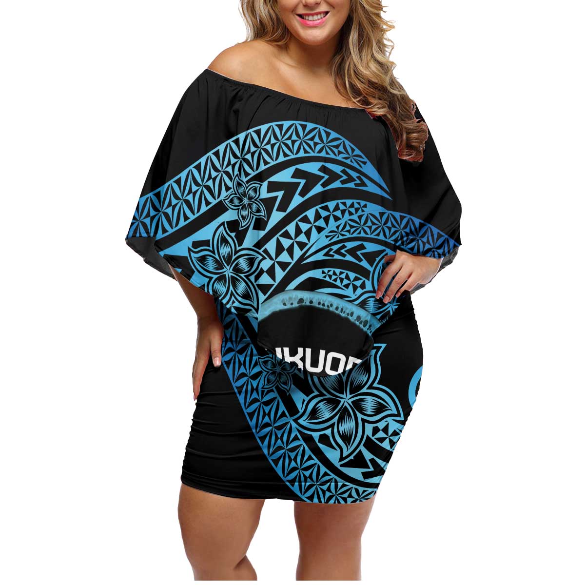 Personalised Pohnpei Nukuoro Micronesia Family Matching Off Shoulder Short Dress and Hawaiian Shirt Polynesian Tattoo Curves Blue Version LT14 Mom's Dress Blue - Polynesian Pride