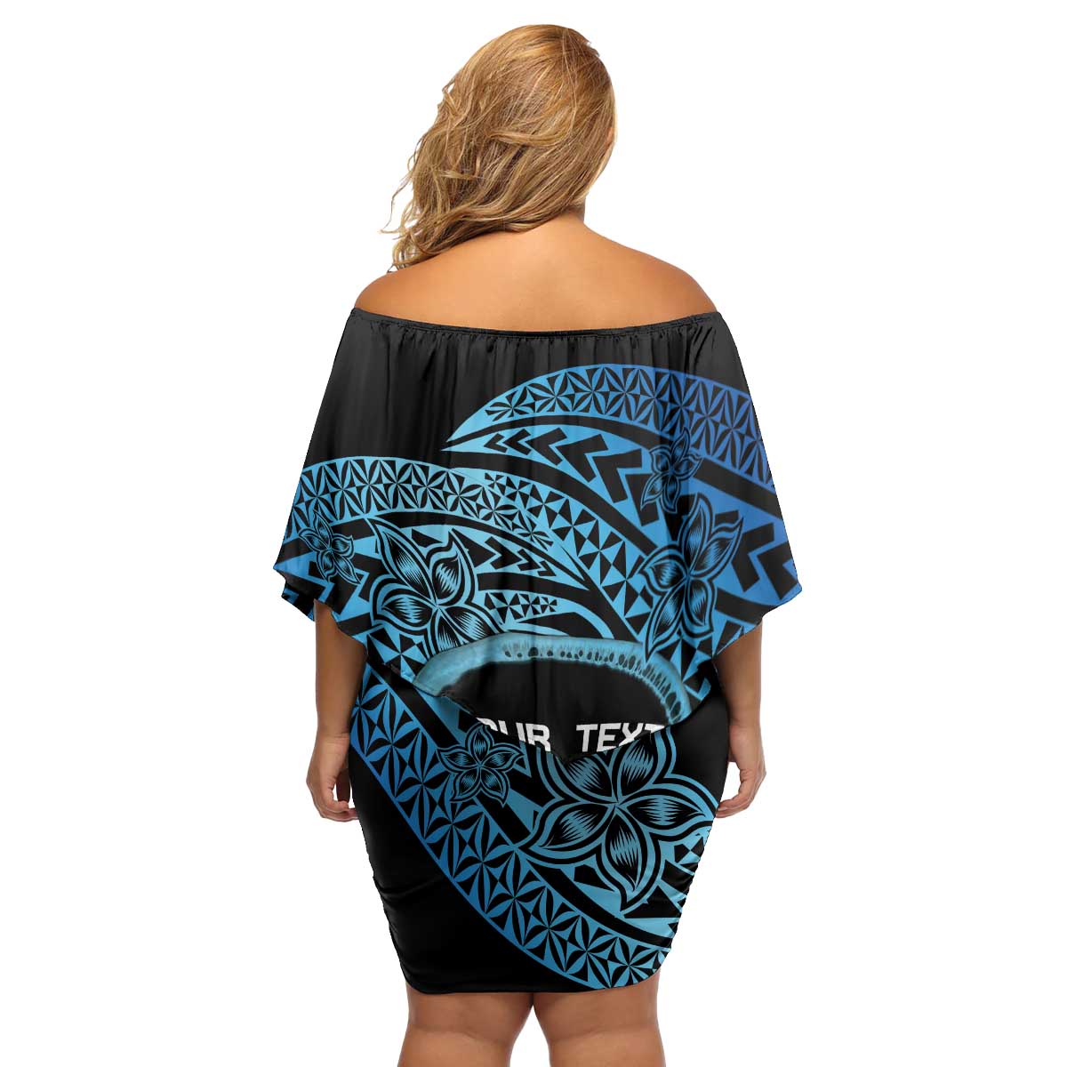 Personalised Pohnpei Nukuoro Micronesia Family Matching Off Shoulder Short Dress and Hawaiian Shirt Polynesian Tattoo Curves Blue Version LT14 - Polynesian Pride