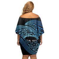 Personalised Pohnpei Nukuoro Micronesia Family Matching Off Shoulder Short Dress and Hawaiian Shirt Polynesian Tattoo Curves Blue Version LT14 - Polynesian Pride