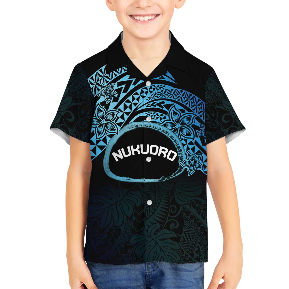 Personalised Pohnpei Nukuoro Micronesia Family Matching Off Shoulder Short Dress and Hawaiian Shirt Polynesian Tattoo Curves Blue Version LT14 Son's Shirt Blue - Polynesian Pride