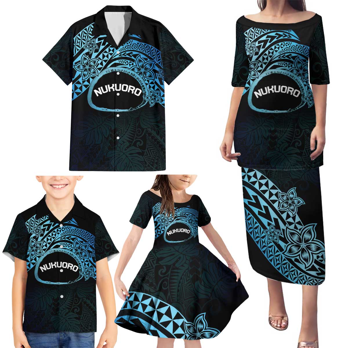 Personalised Pohnpei Nukuoro Micronesia Family Matching Puletasi and Hawaiian Shirt Polynesian Tattoo Curves Blue Version LT14 - Polynesian Pride