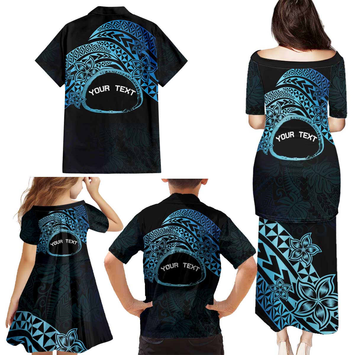 Personalised Pohnpei Nukuoro Micronesia Family Matching Puletasi and Hawaiian Shirt Polynesian Tattoo Curves Blue Version LT14 - Polynesian Pride