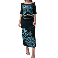 Personalised Pohnpei Nukuoro Micronesia Family Matching Puletasi and Hawaiian Shirt Polynesian Tattoo Curves Blue Version LT14 Mom's Dress Blue - Polynesian Pride