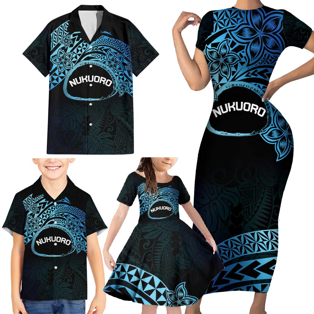 Personalised Pohnpei Nukuoro Micronesia Family Matching Short Sleeve Bodycon Dress and Hawaiian Shirt Polynesian Tattoo Curves Blue Version LT14 - Polynesian Pride