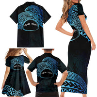 Personalised Pohnpei Nukuoro Micronesia Family Matching Short Sleeve Bodycon Dress and Hawaiian Shirt Polynesian Tattoo Curves Blue Version LT14 - Polynesian Pride