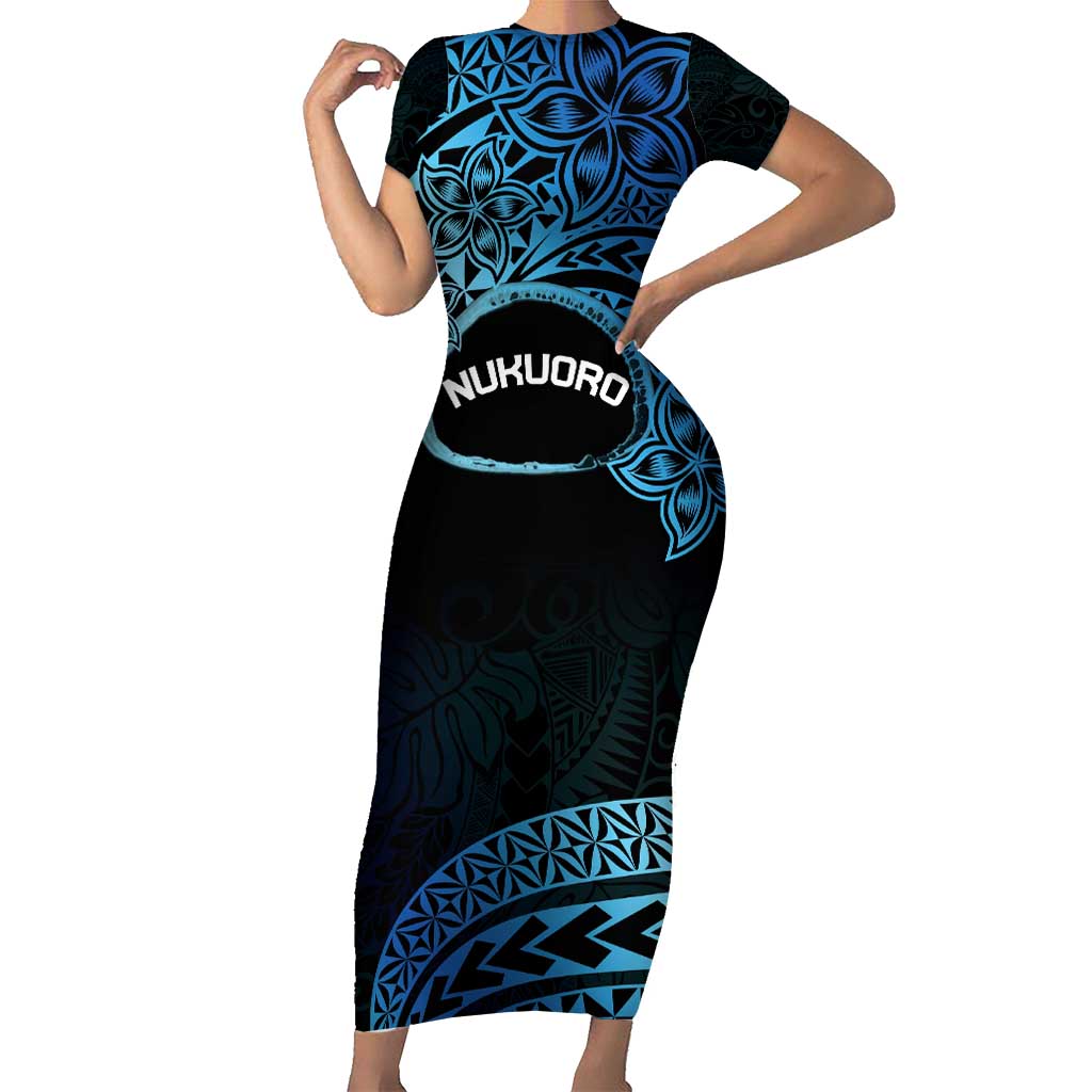 Personalised Pohnpei Nukuoro Micronesia Family Matching Short Sleeve Bodycon Dress and Hawaiian Shirt Polynesian Tattoo Curves Blue Version LT14 Mom's Dress Blue - Polynesian Pride