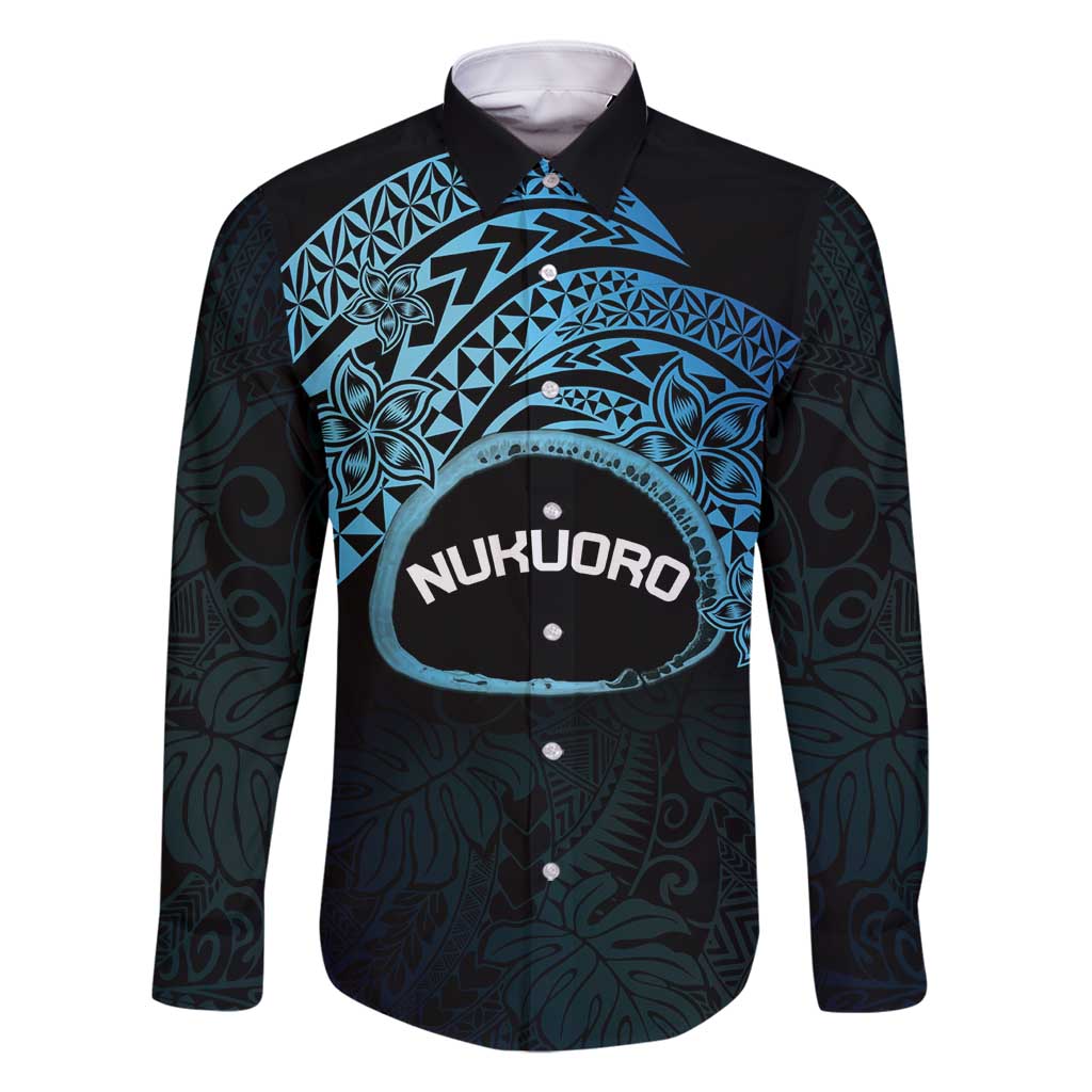 Personalised Pohnpei Nukuoro Micronesia Family Matching Summer Maxi Dress and Hawaiian Shirt Polynesian Tattoo Curves Blue Version LT14 Dad's Shirt - Long Sleeve Blue - Polynesian Pride