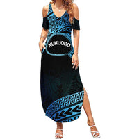 Personalised Pohnpei Nukuoro Micronesia Family Matching Summer Maxi Dress and Hawaiian Shirt Polynesian Tattoo Curves Blue Version LT14 Mom's Dress Blue - Polynesian Pride