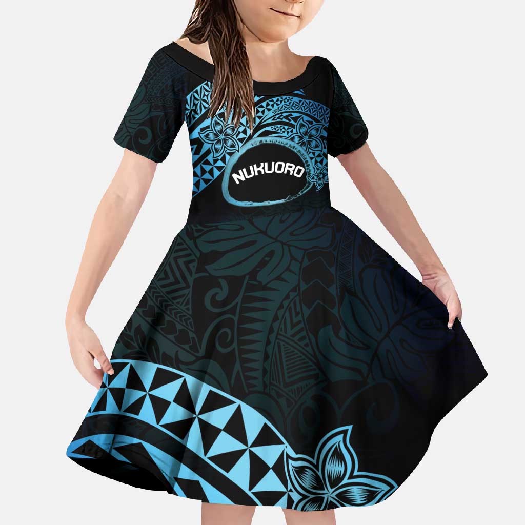 Personalised Pohnpei Nukuoro Micronesia Family Matching Tank Maxi Dress and Hawaiian Shirt Polynesian Tattoo Curves Blue Version LT14 Daughter's Dress Blue - Polynesian Pride