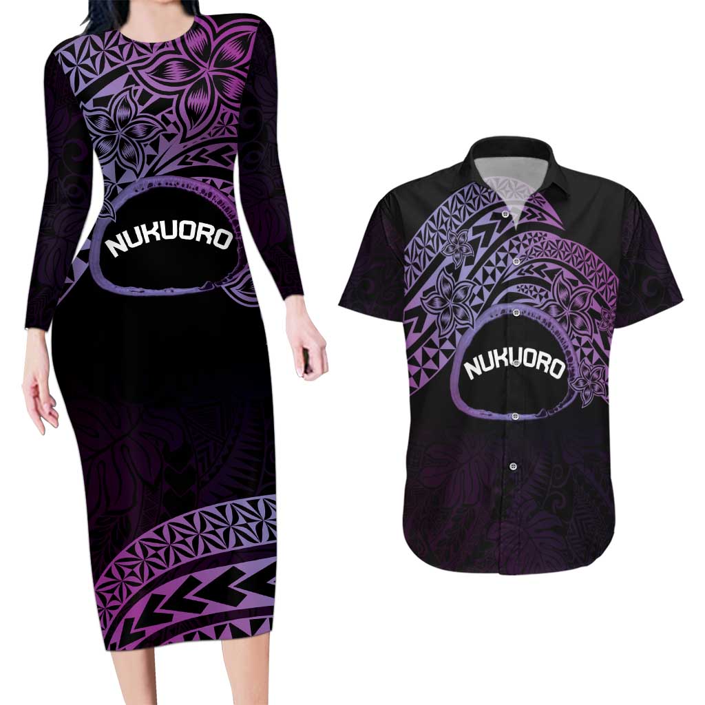 Personalised Pohnpei Nukuoro Micronesia Couples Matching Long Sleeve Bodycon Dress and Hawaiian Shirt Polynesian Tattoo Curves Purple Version LT14 Purple - Polynesian Pride