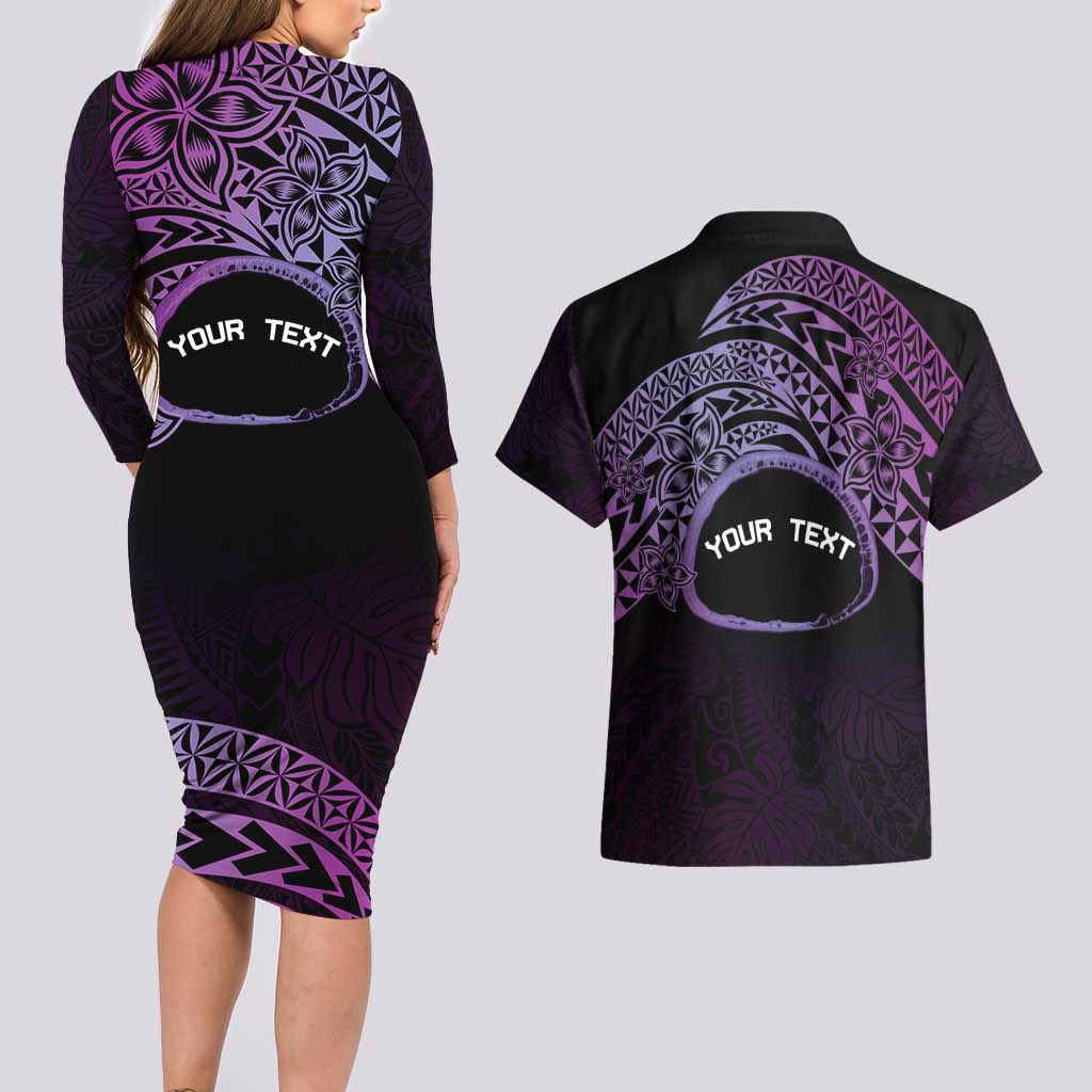 Personalised Pohnpei Nukuoro Micronesia Couples Matching Long Sleeve Bodycon Dress and Hawaiian Shirt Polynesian Tattoo Curves Purple Version LT14 - Polynesian Pride