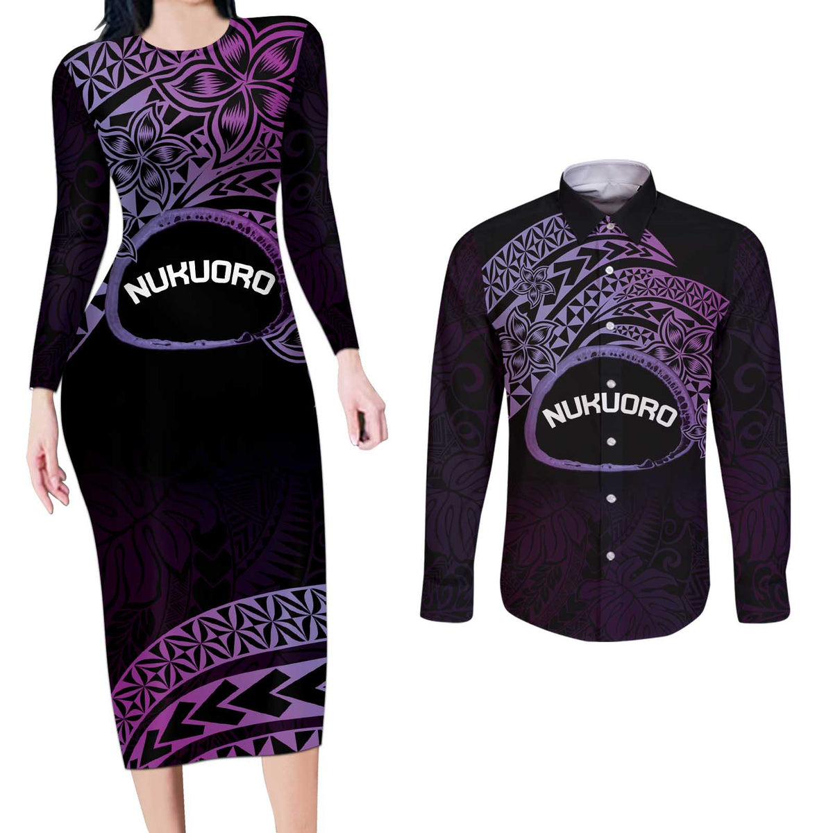 Personalised Pohnpei Nukuoro Micronesia Couples Matching Long Sleeve Bodycon Dress and Long Sleeve Button Shirt Polynesian Tattoo Curves Purple Version LT14 Purple - Polynesian Pride