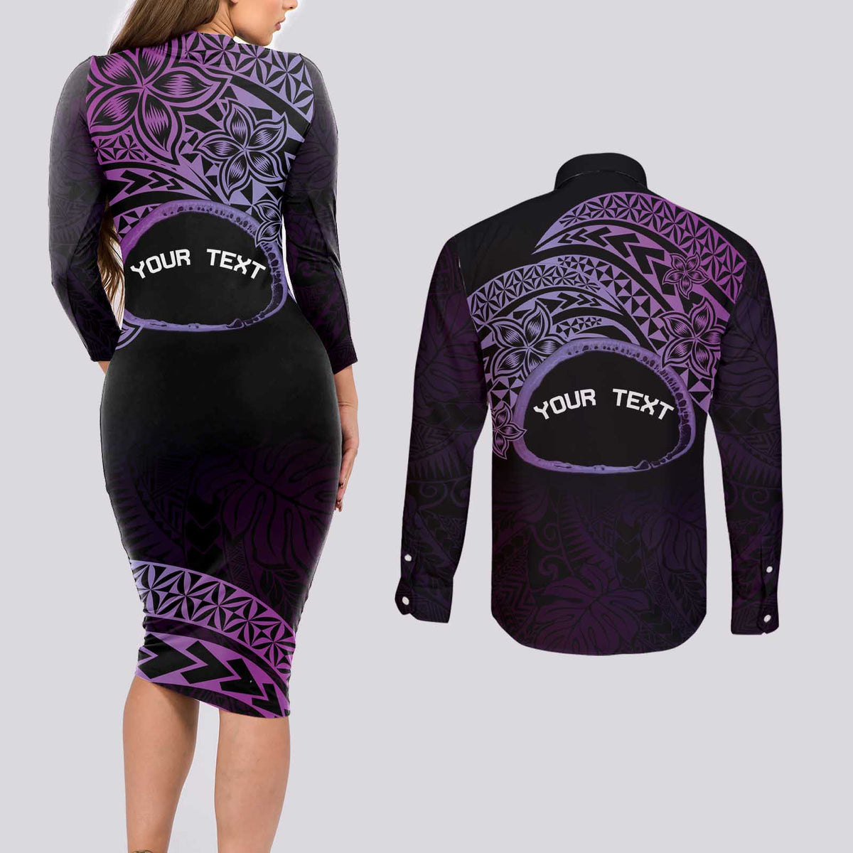 Personalised Pohnpei Nukuoro Micronesia Couples Matching Long Sleeve Bodycon Dress and Long Sleeve Button Shirt Polynesian Tattoo Curves Purple Version LT14 - Polynesian Pride