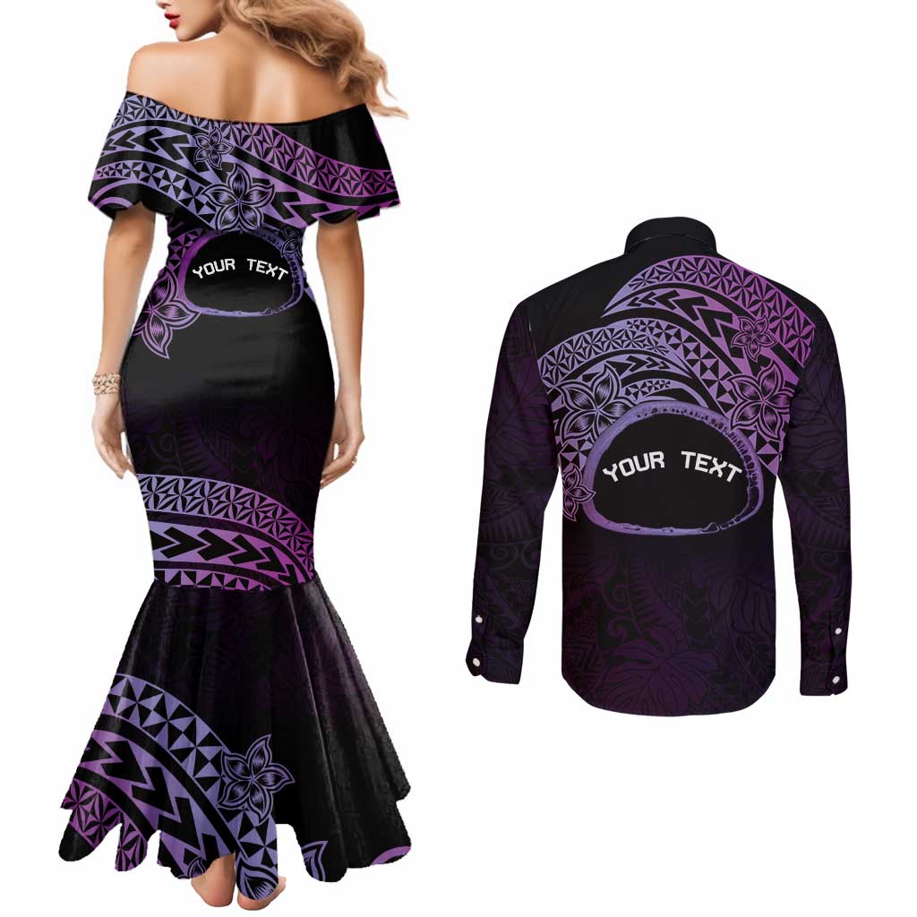 Personalised Pohnpei Nukuoro Micronesia Couples Matching Mermaid Dress and Long Sleeve Button Shirt Polynesian Tattoo Curves Purple Version LT14 - Polynesian Pride