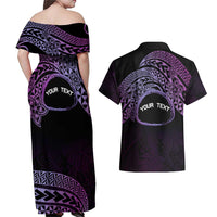 Personalised Pohnpei Nukuoro Micronesia Couples Matching Off Shoulder Maxi Dress and Hawaiian Shirt Polynesian Tattoo Curves Purple Version LT14 - Polynesian Pride