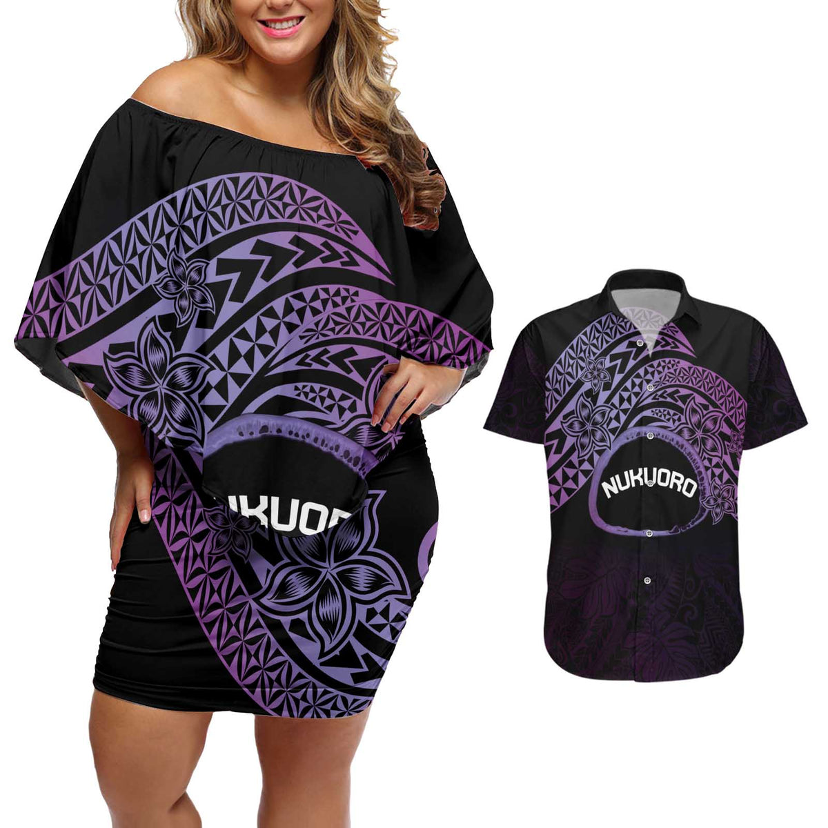 Personalised Pohnpei Nukuoro Micronesia Couples Matching Off Shoulder Short Dress and Hawaiian Shirt Polynesian Tattoo Curves Purple Version LT14 Purple - Polynesian Pride