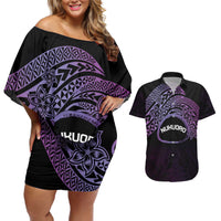 Personalised Pohnpei Nukuoro Micronesia Couples Matching Off Shoulder Short Dress and Hawaiian Shirt Polynesian Tattoo Curves Purple Version LT14 Purple - Polynesian Pride