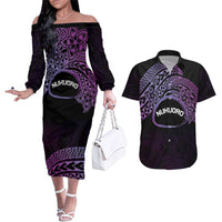 Personalised Pohnpei Nukuoro Micronesia Couples Matching Off The Shoulder Long Sleeve Dress and Hawaiian Shirt Polynesian Tattoo Curves Purple Version LT14 Purple - Polynesian Pride