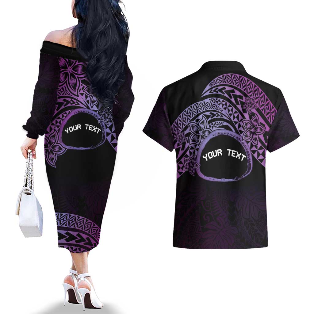 Personalised Pohnpei Nukuoro Micronesia Couples Matching Off The Shoulder Long Sleeve Dress and Hawaiian Shirt Polynesian Tattoo Curves Purple Version LT14 - Polynesian Pride