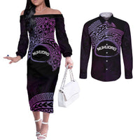 Personalised Pohnpei Nukuoro Micronesia Couples Matching Off The Shoulder Long Sleeve Dress and Long Sleeve Button Shirt Polynesian Tattoo Curves Purple Version LT14 Purple - Polynesian Pride