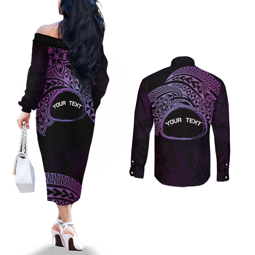 Personalised Pohnpei Nukuoro Micronesia Couples Matching Off The Shoulder Long Sleeve Dress and Long Sleeve Button Shirt Polynesian Tattoo Curves Purple Version LT14 - Polynesian Pride