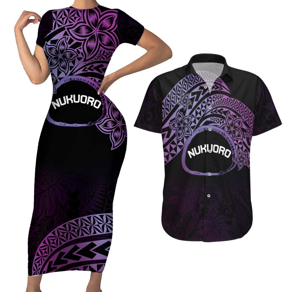 Personalised Pohnpei Nukuoro Micronesia Couples Matching Short Sleeve Bodycon Dress and Hawaiian Shirt Polynesian Tattoo Curves Purple Version LT14 Purple - Polynesian Pride