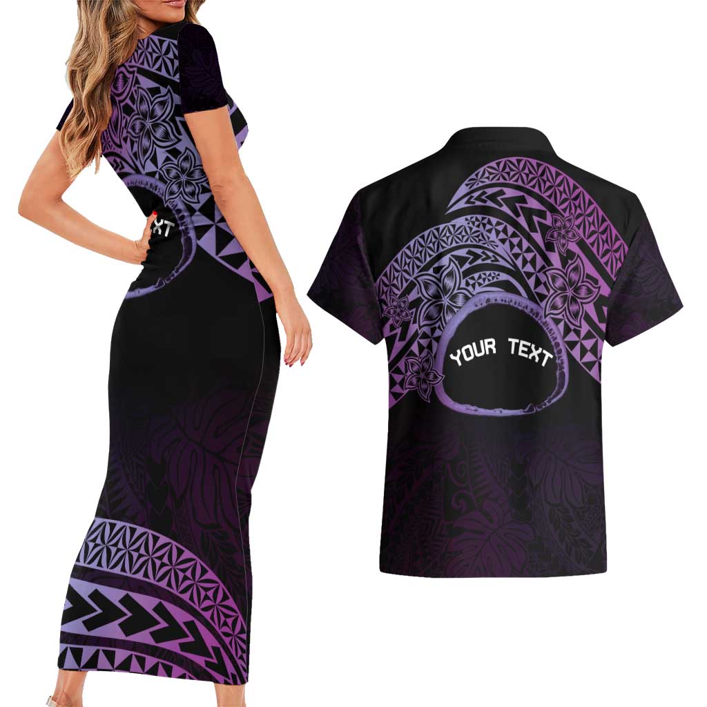 Personalised Pohnpei Nukuoro Micronesia Couples Matching Short Sleeve Bodycon Dress and Hawaiian Shirt Polynesian Tattoo Curves Purple Version LT14 - Polynesian Pride