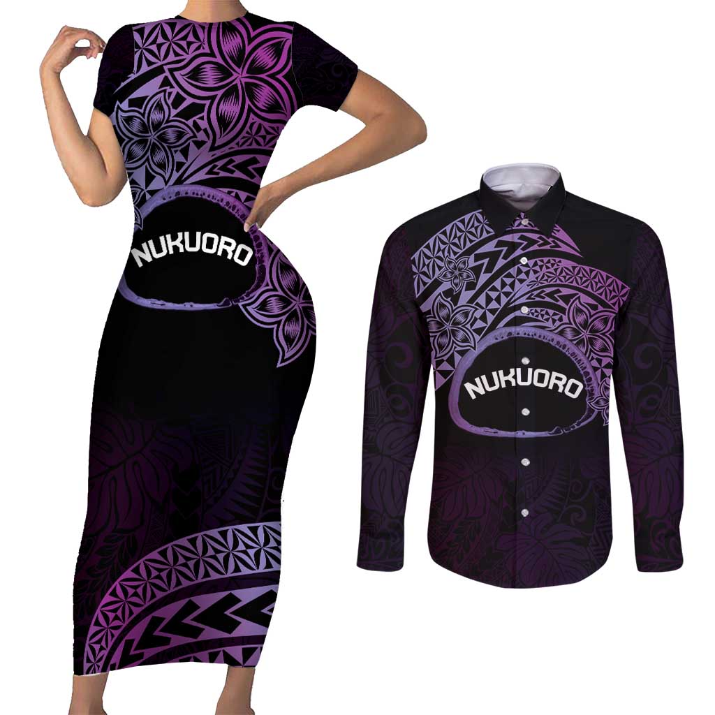 Personalised Pohnpei Nukuoro Micronesia Couples Matching Short Sleeve Bodycon Dress and Long Sleeve Button Shirt Polynesian Tattoo Curves Purple Version LT14 Purple - Polynesian Pride