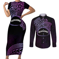 Personalised Pohnpei Nukuoro Micronesia Couples Matching Short Sleeve Bodycon Dress and Long Sleeve Button Shirt Polynesian Tattoo Curves Purple Version LT14 Purple - Polynesian Pride