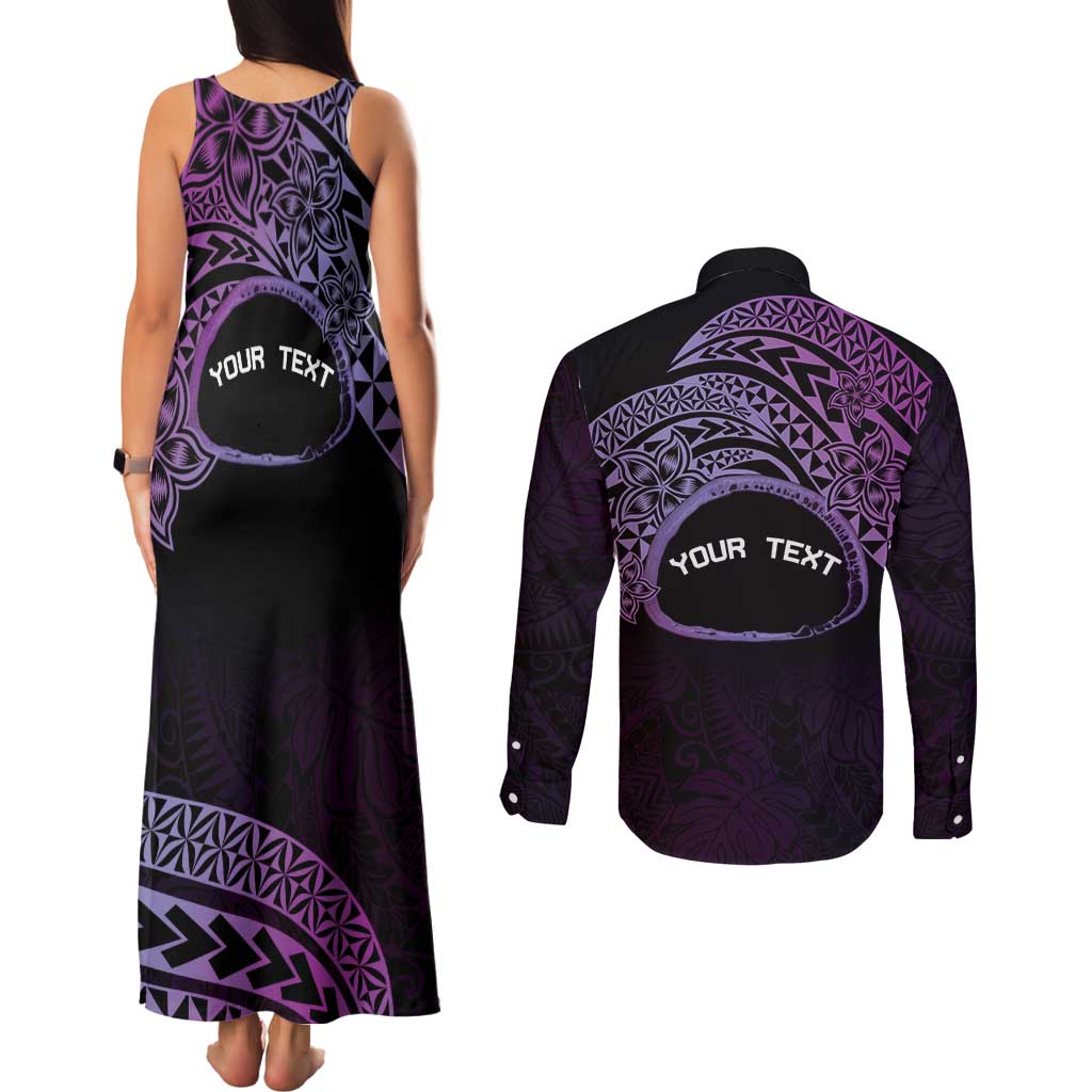 Personalised Pohnpei Nukuoro Micronesia Couples Matching Tank Maxi Dress and Long Sleeve Button Shirt Polynesian Tattoo Curves Purple Version LT14 - Polynesian Pride