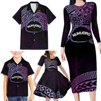 Personalised Pohnpei Nukuoro Micronesia Family Matching Long Sleeve Bodycon Dress and Hawaiian Shirt Polynesian Tattoo Curves Purple Version LT14 - Polynesian Pride