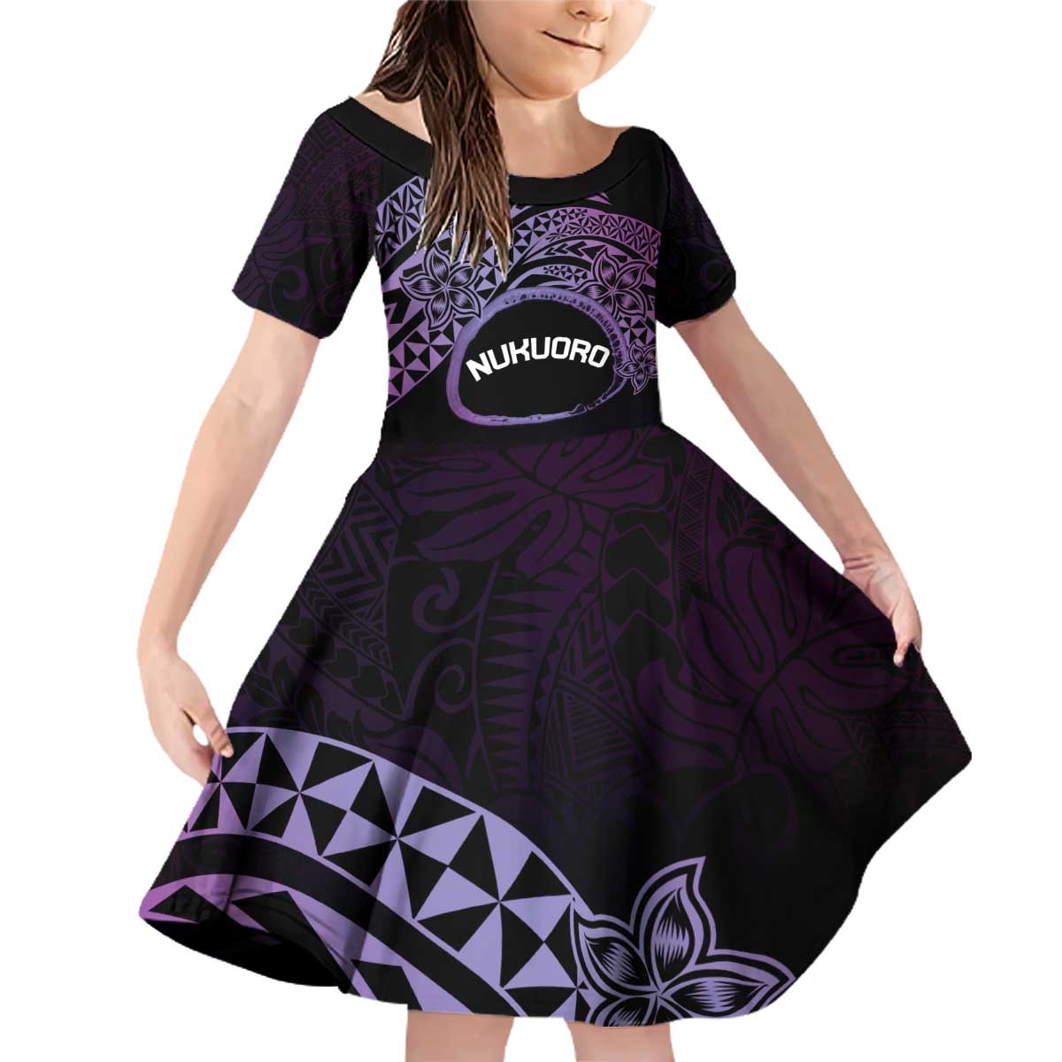 Personalised Pohnpei Nukuoro Micronesia Family Matching Off Shoulder Short Dress and Hawaiian Shirt Polynesian Tattoo Curves Purple Version LT14 Daughter's Dress Purple - Polynesian Pride
