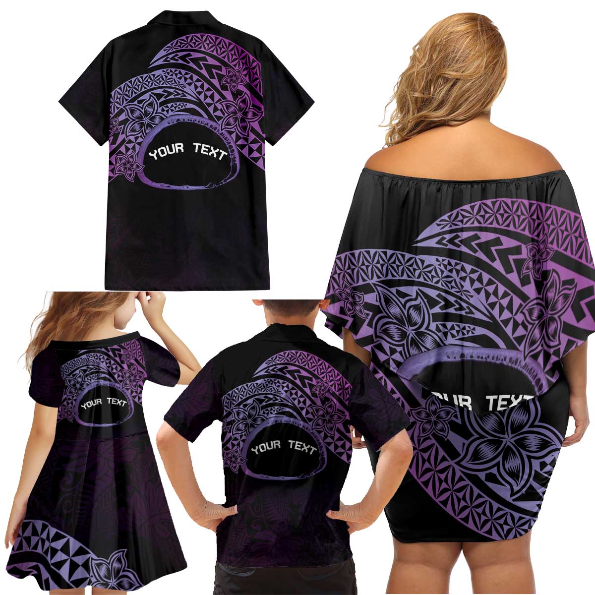 Personalised Pohnpei Nukuoro Micronesia Family Matching Off Shoulder Short Dress and Hawaiian Shirt Polynesian Tattoo Curves Purple Version LT14 - Polynesian Pride