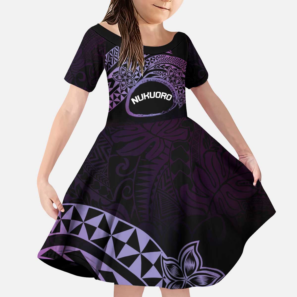 Personalised Pohnpei Nukuoro Micronesia Family Matching Puletasi and Hawaiian Shirt Polynesian Tattoo Curves Purple Version LT14 Daughter's Dress Purple - Polynesian Pride