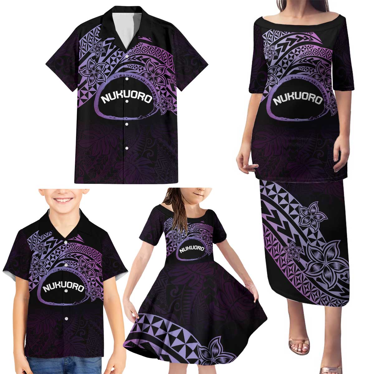 Personalised Pohnpei Nukuoro Micronesia Family Matching Puletasi and Hawaiian Shirt Polynesian Tattoo Curves Purple Version LT14 - Polynesian Pride