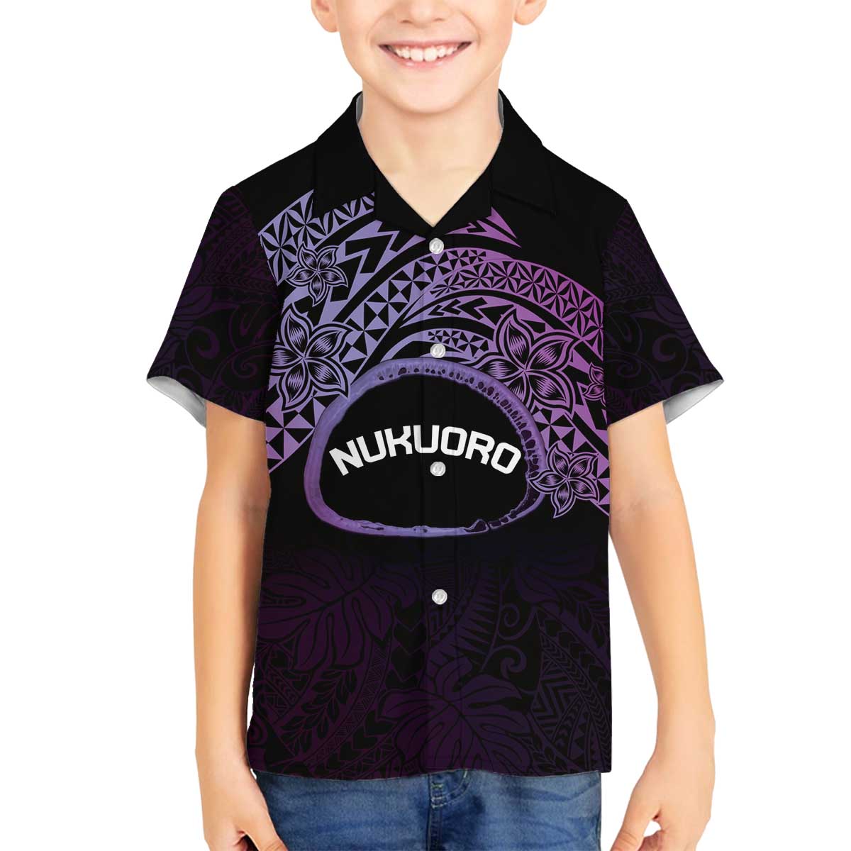 Personalised Pohnpei Nukuoro Micronesia Family Matching Puletasi and Hawaiian Shirt Polynesian Tattoo Curves Purple Version LT14 Son's Shirt Purple - Polynesian Pride
