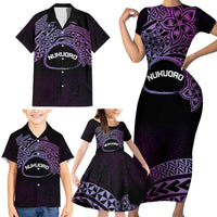Personalised Pohnpei Nukuoro Micronesia Family Matching Short Sleeve Bodycon Dress and Hawaiian Shirt Polynesian Tattoo Curves Purple Version LT14 - Polynesian Pride