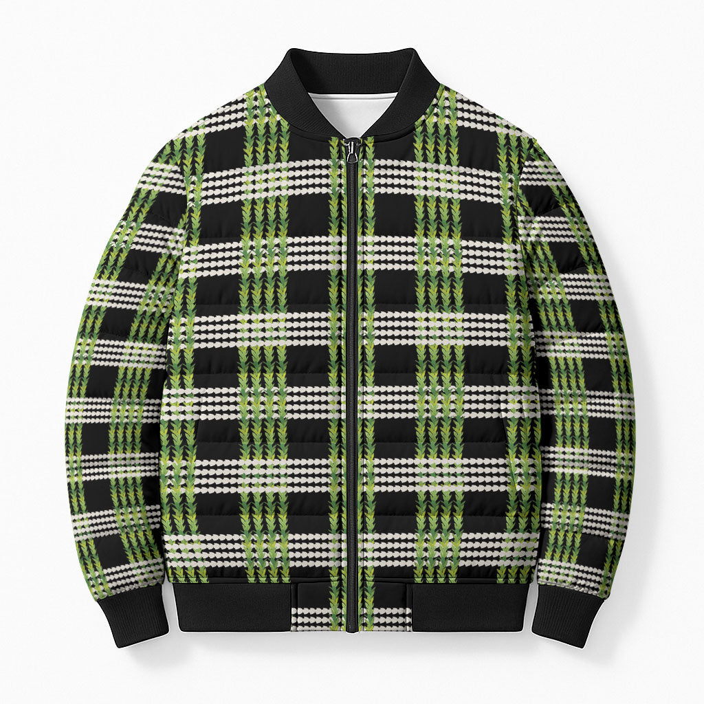 Aloha Hawaii Pakalana Pikake Lei Bomber Puffer Jacket Palaka Inspired Hawaiian-plaid Black LT14 Unisex Black - Polynesian Pride