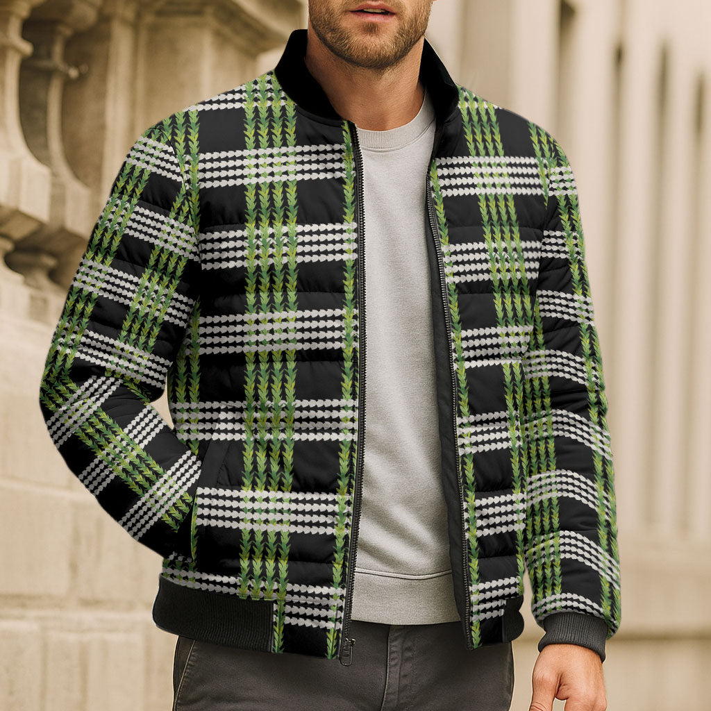 Aloha Hawaii Pakalana Pikake Lei Bomber Puffer Jacket Palaka Inspired Hawaiian-plaid Black