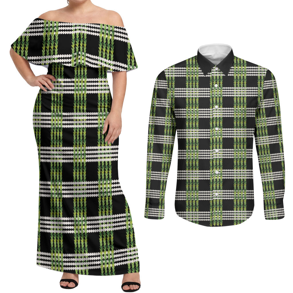 Aloha Hawaii Pakalana Pikake Lei Couples Matching Off Shoulder Maxi Dress and Long Sleeve Button Shirt Palaka Inspired Hawaiian-plaid Black LT14 Black - Polynesian Pride