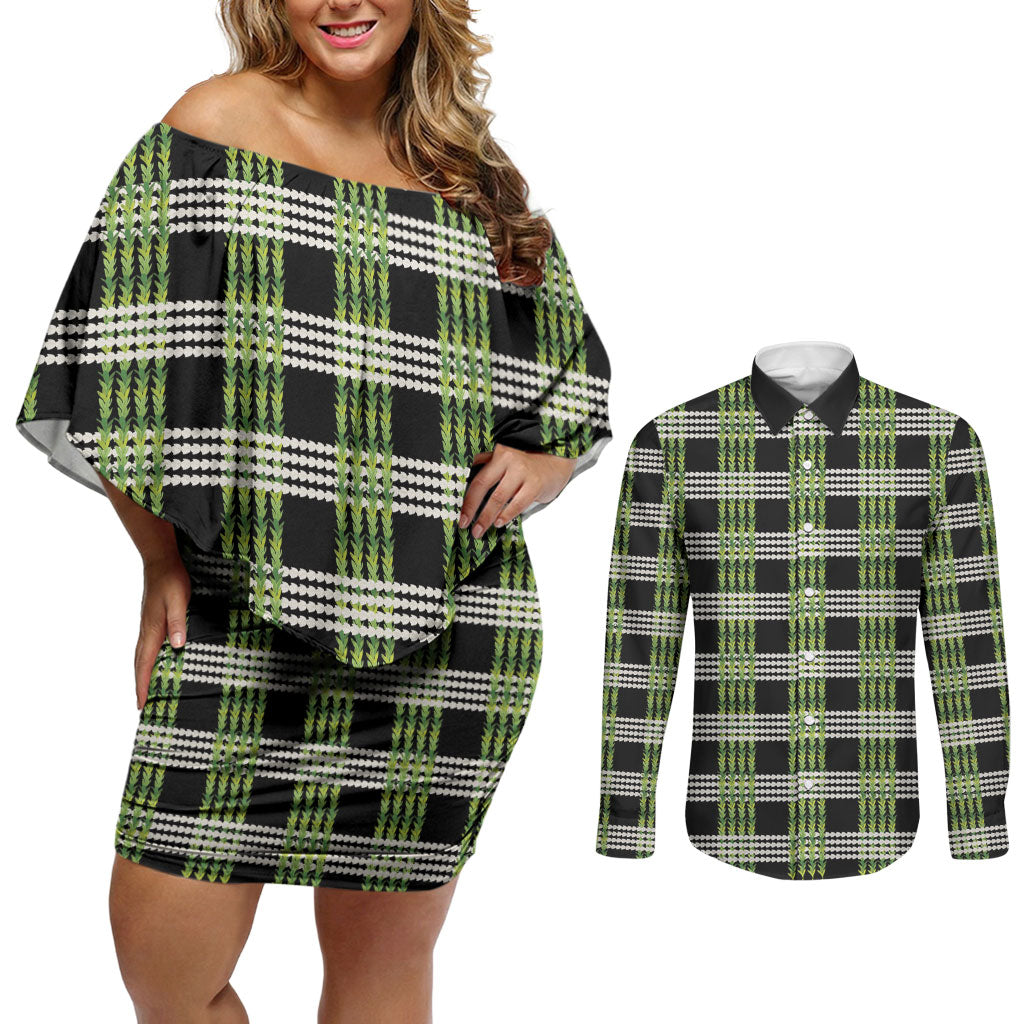 Aloha Hawaii Pakalana Pikake Lei Couples Matching Off Shoulder Short Dress and Long Sleeve Button Shirt Palaka Inspired Hawaiian-plaid Black LT14 Black - Polynesian Pride