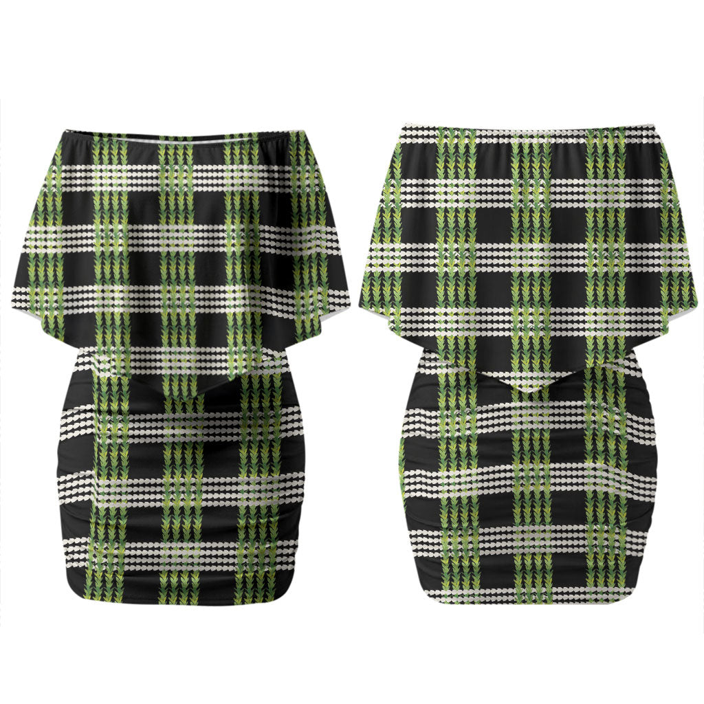 Aloha Hawaii Pakalana Pikake Lei Couples Matching Off Shoulder Short Dress and Long Sleeve Button Shirt Palaka Inspired Hawaiian-plaid Black LT14 - Polynesian Pride