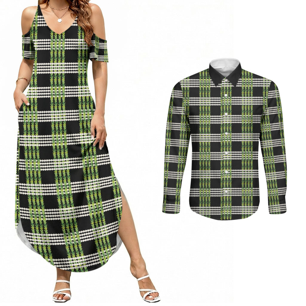 Aloha Hawaii Pakalana Pikake Lei Couples Matching Summer Maxi Dress and Long Sleeve Button Shirt Palaka Inspired Hawaiian-plaid Black LT14 Black - Polynesian Pride
