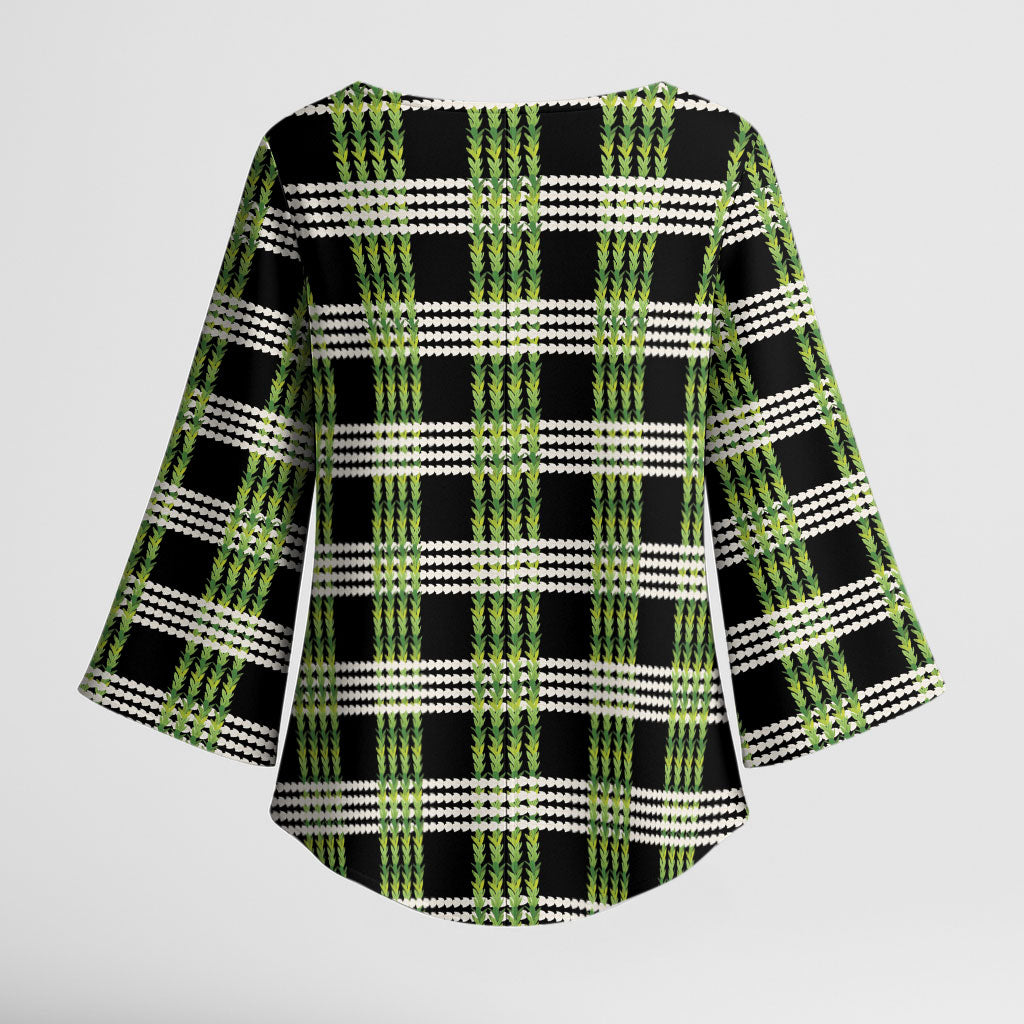 Aloha Hawaii Pakalana Pikake Lei Kimono Sleeve Blouse Palaka Inspired Hawaiian-plaid Black
